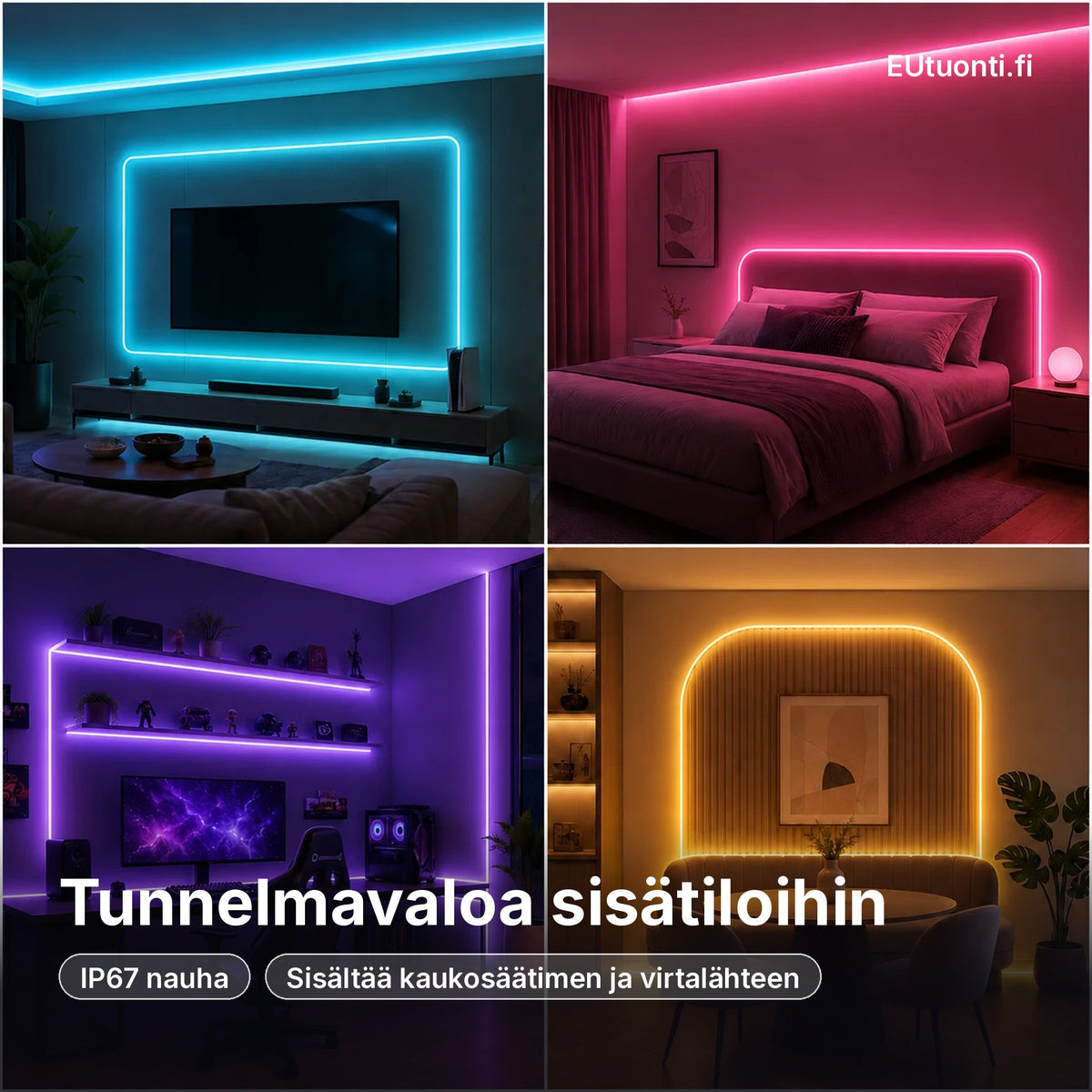 LED neon nauha tunnelmavalona olohuoneessa, makuuhuoneessa ja pelihuoneessa