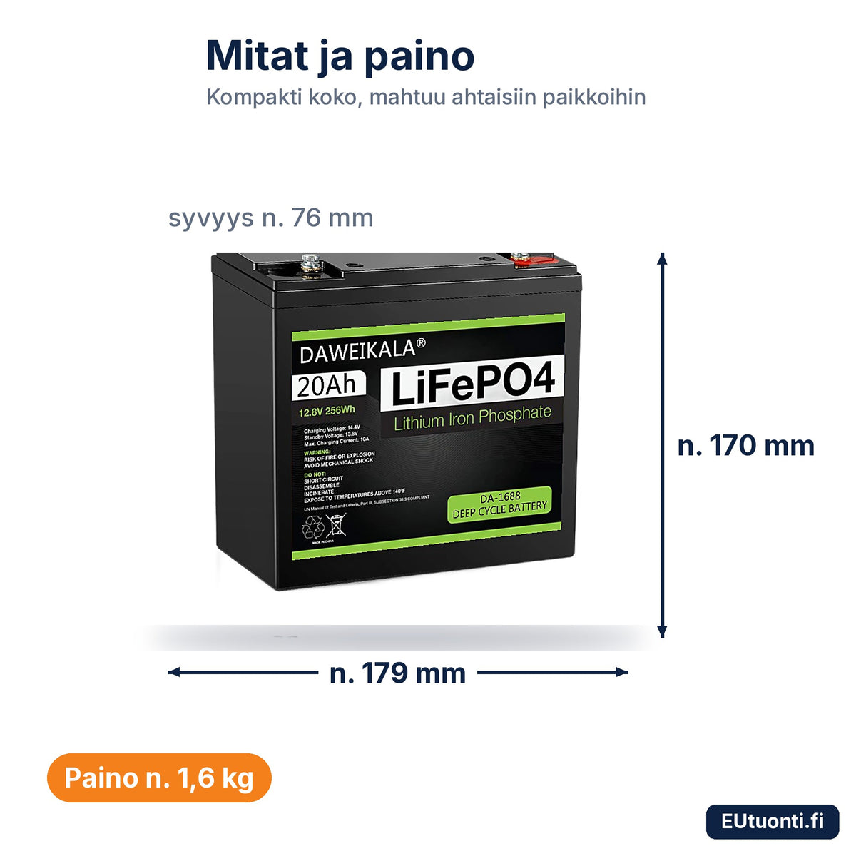 LiFePO4-akun 12 V 20 Ah mitat ja paino