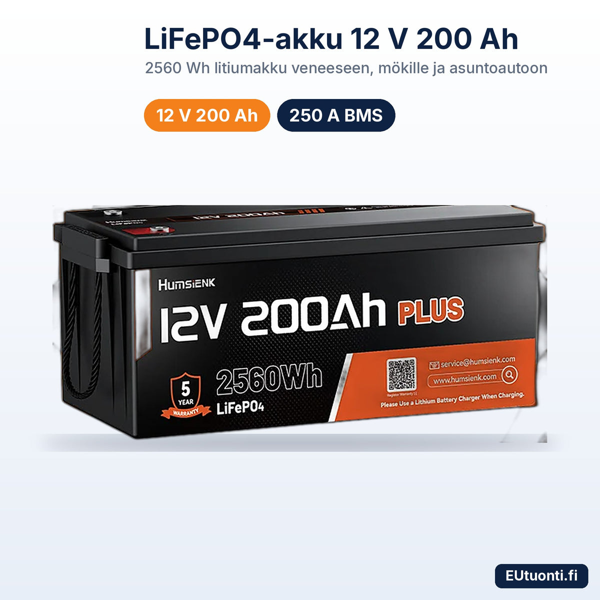 LiFePO4-akku 12 V 200 Ah 2560 Wh 250 A BMS