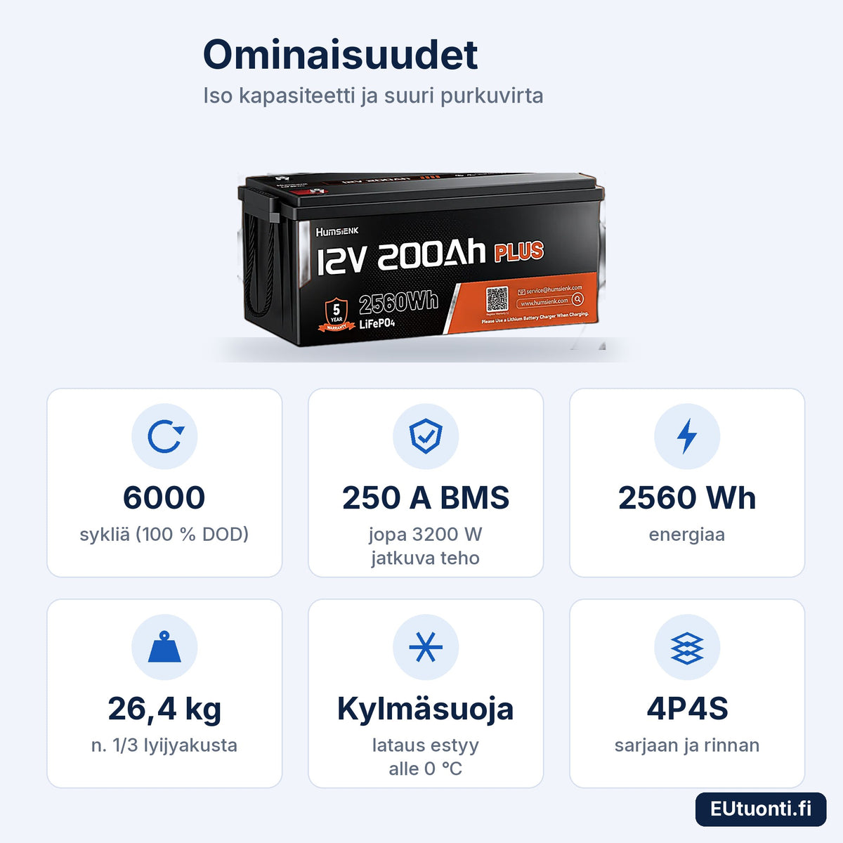 Litiumakku 12 V 200 Ah ominaisuudet