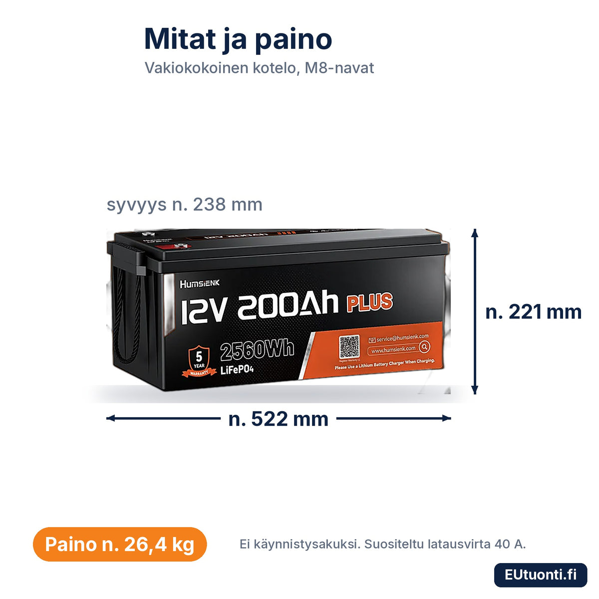 LiFePO4-akun 12 V 200 Ah mitat ja paino