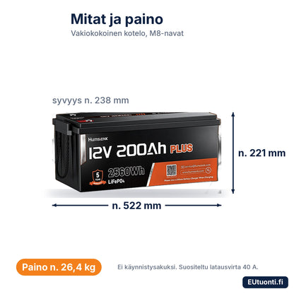 LiFePO4-akun 12 V 200 Ah mitat ja paino