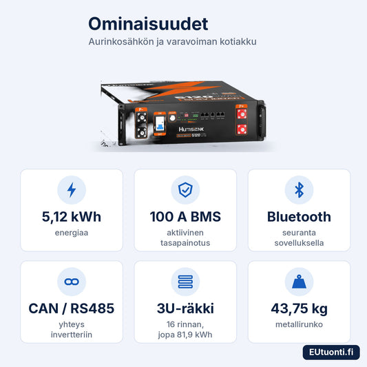 LiFePO4 48 V 100 Ah ominaisuudet: Bluetooth, CAN ja RS485