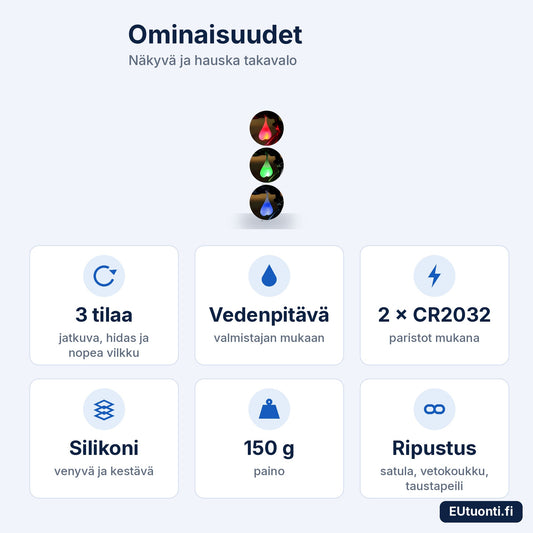 LED-takavalon ominaisuudet: 3 valotilaa, vedenpitävä, CR2032-paristot, silikoni, 150 g