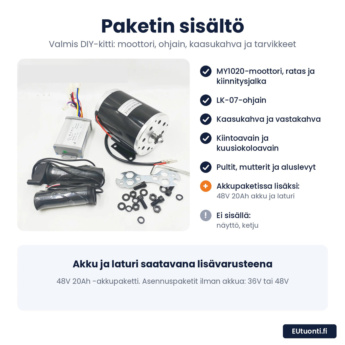 Sähkömoottori asennuspaketin sisältö – akkupaketissa lisäksi 48V 20Ah akku ja laturi