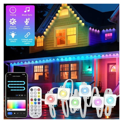 Smart RGB -räystäsvalot talon räystäällä, kaukosäädin ja puhelinsovellus