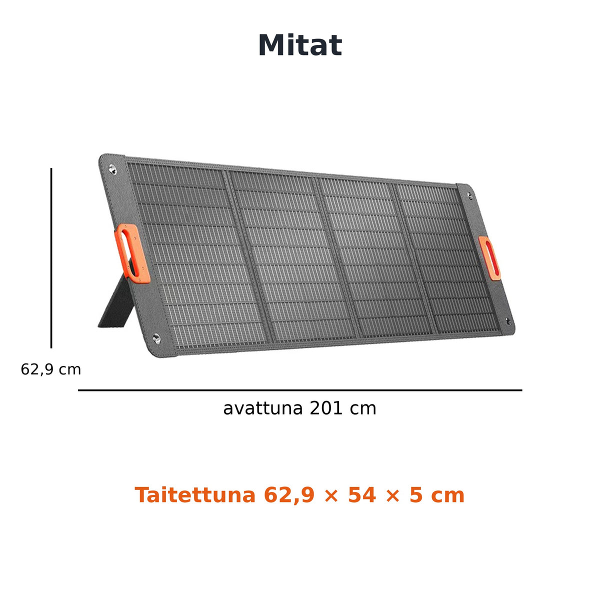 Aurinkopaneelin mitat avattuna ja taitettuna
