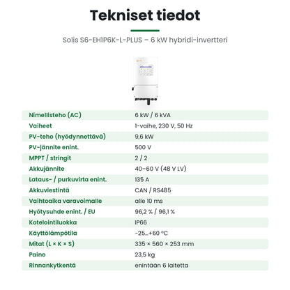 Solis S6-EH1P6K-L-PLUS tekniset tiedot: 6 kW, 1-vaihe, akkujännite 40–60 V, IP66