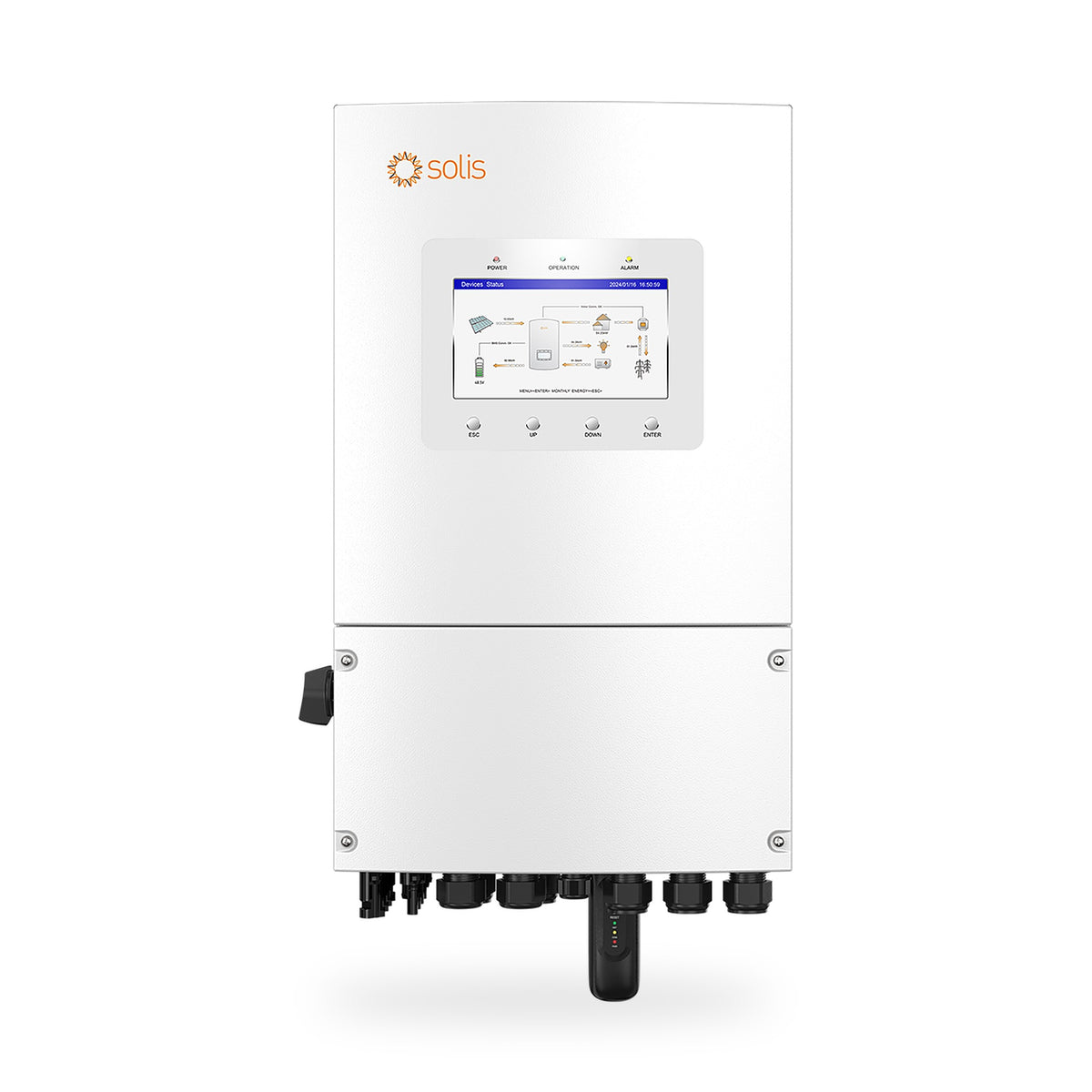Solis S6-EH1P8K-L-PLUS 8 kW hybridi-invertteri edestä kuvattuna valkoisella taustalla