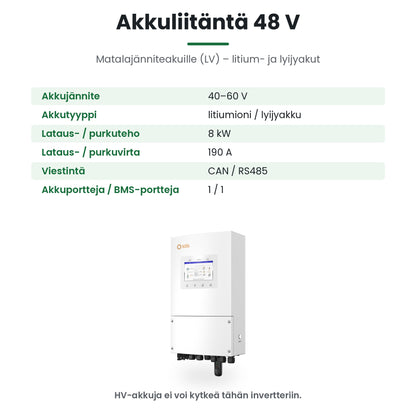 Solis S6-EH1P8K-L-PLUS akkuliitäntä 48 V:n LV-akuille, jännitealue 40–60 V