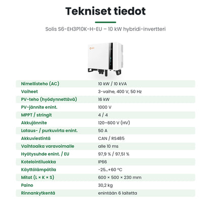 Solis S6-EH3P10K-H-EU tekniset tiedot: 10 kW, 3-vaihe, HV-akku, IP66