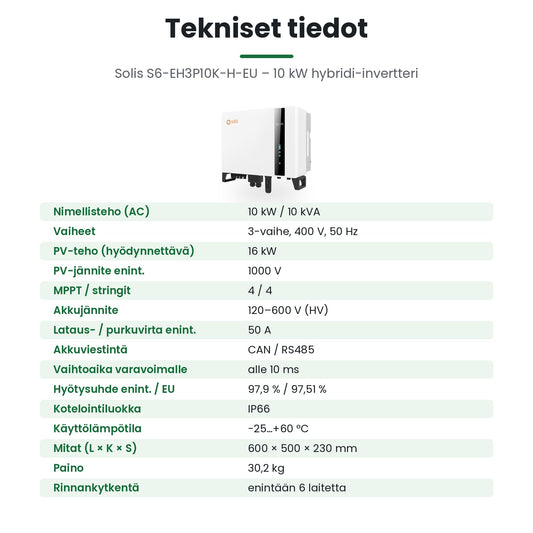 Solis S6-EH3P10K-H-EU tekniset tiedot: 10 kW, 3-vaihe, HV-akku, IP66