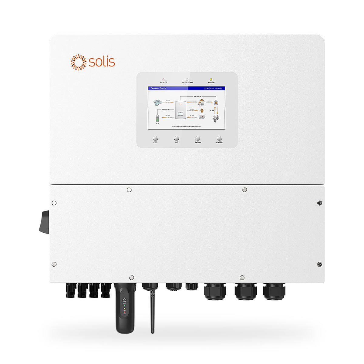 Solis S6-EH3P12K-H 12 kW hybridi-invertteri edestä kuvattuna valkoisella taustalla