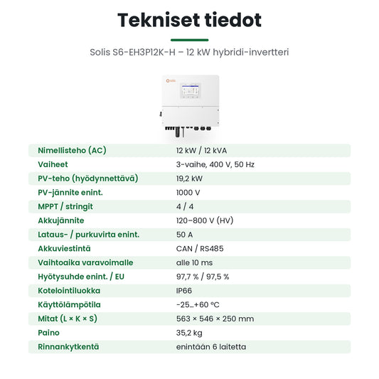 Solis S6-EH3P12K-H tekniset tiedot: 12 kW, 3-vaihe, HV-akku, IP66