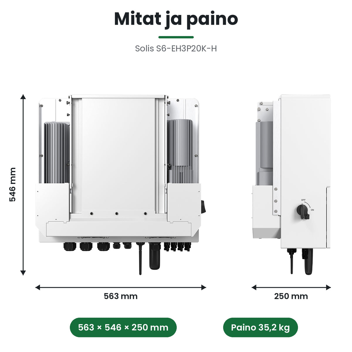 Solis S6-EH3P20K-H mitat 563 × 546 × 250 mm ja paino 35,2 kg