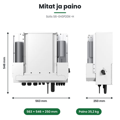 Solis S6-EH3P20K-H mitat 563 × 546 × 250 mm ja paino 35,2 kg