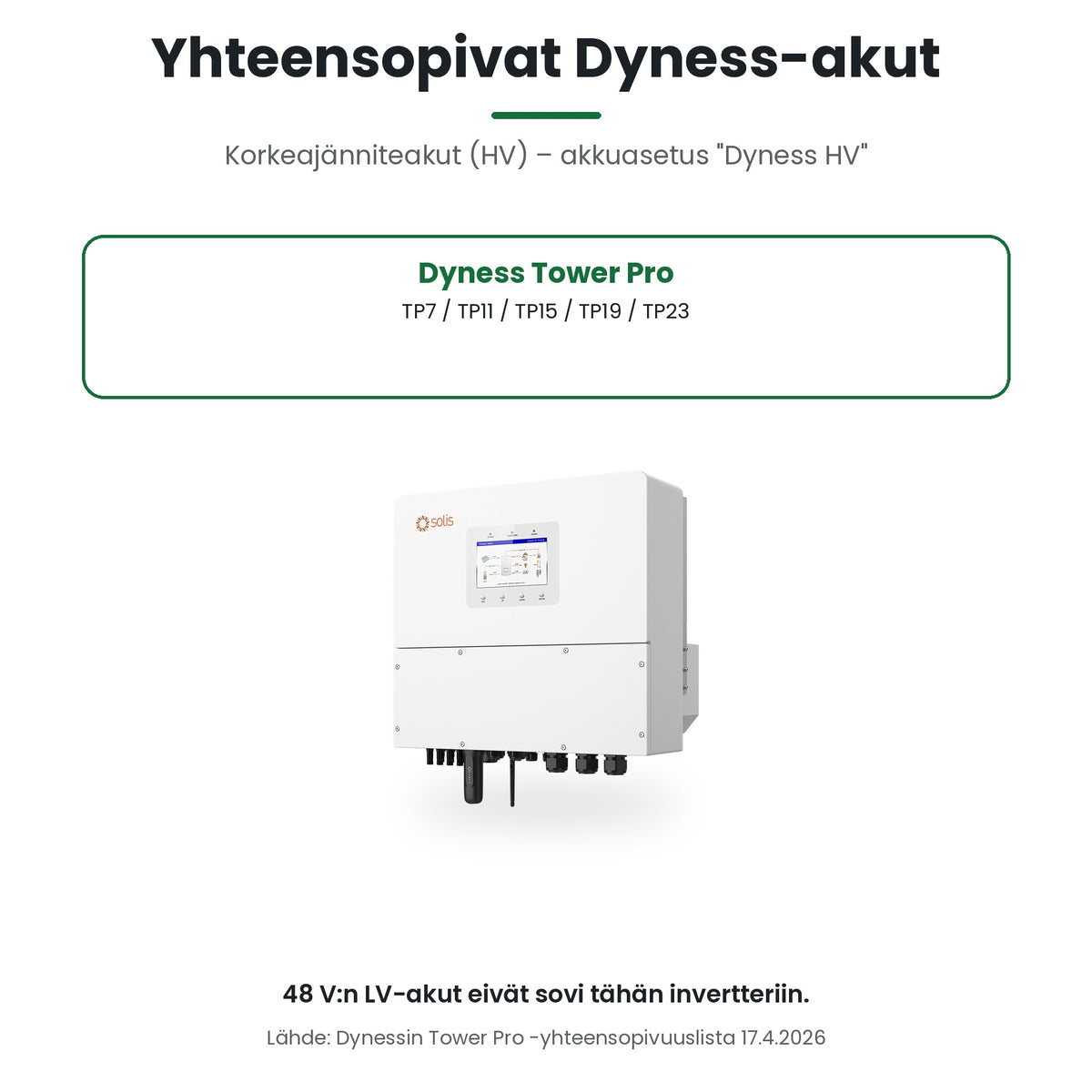 Solis S6-EH3P20K-H kanssa yhteensopivat Dyness HV -akut