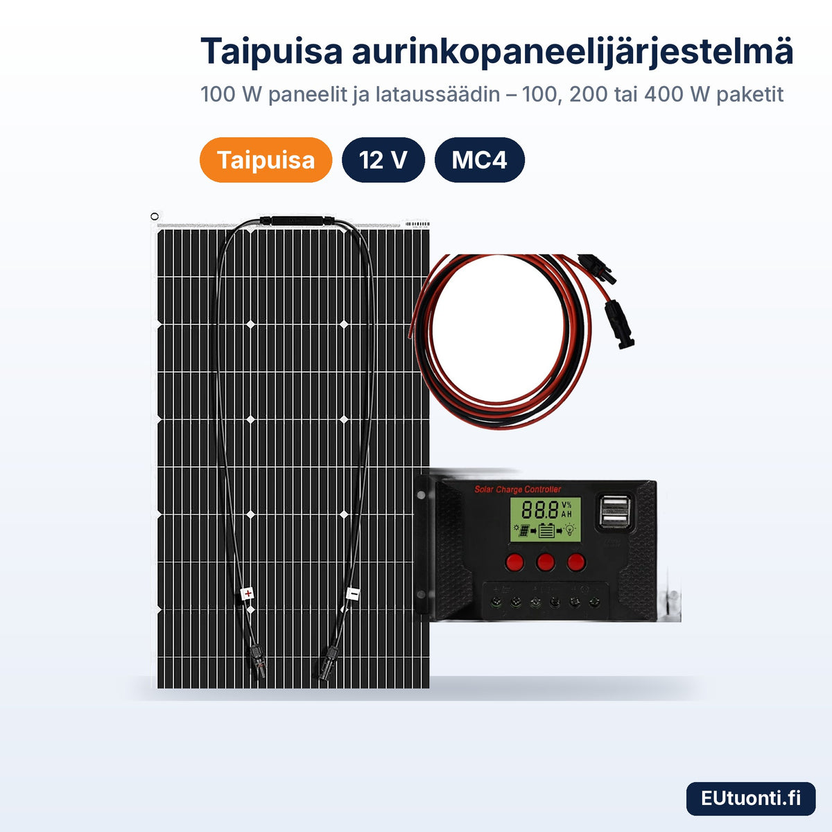 Taipuisa 100 W aurinkopaneeli, lataussäädin ja MC4-kaapelit – aurinkopaneelijärjestelmä 12 V