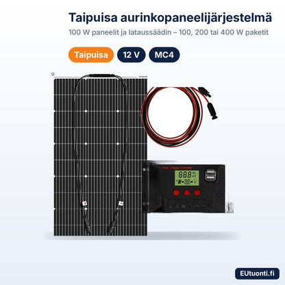 Taipuisa 100 W aurinkopaneeli, lataussäädin ja MC4-kaapelit – aurinkopaneelijärjestelmä 12 V