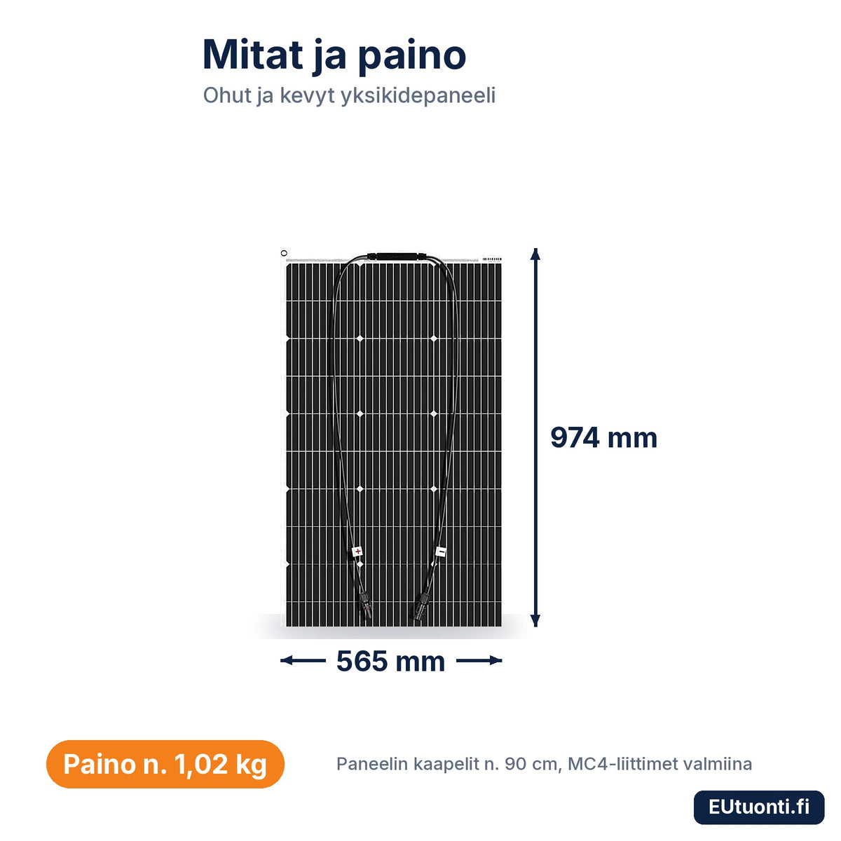 Taipuisan aurinkopaneelin mitat 974 × 565 mm ja paino n. 1,02 kg