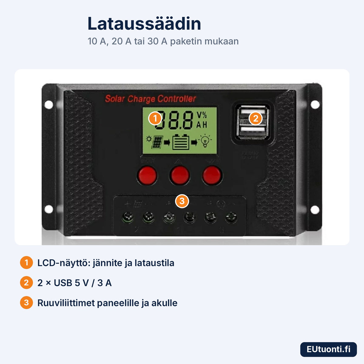 Aurinkopaneelin lataussäädin LCD-näytöllä ja kahdella USB-liitännällä