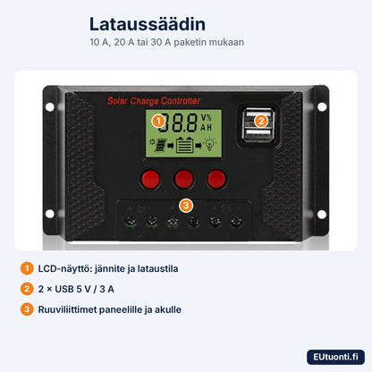Aurinkopaneelin lataussäädin LCD-näytöllä ja kahdella USB-liitännällä