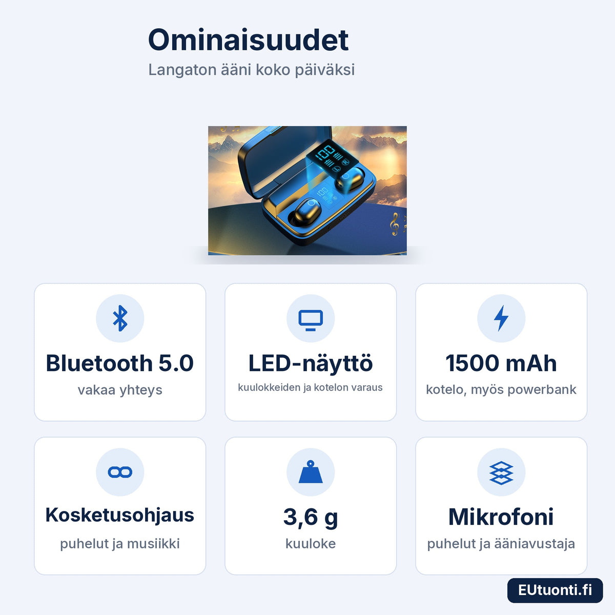 TWS Touch -kuulokkeiden ominaisuudet: Bluetooth 5.0, LED-näyttö, 1500 mAh, kosketusohjaus, 3,6 g, mikrofoni