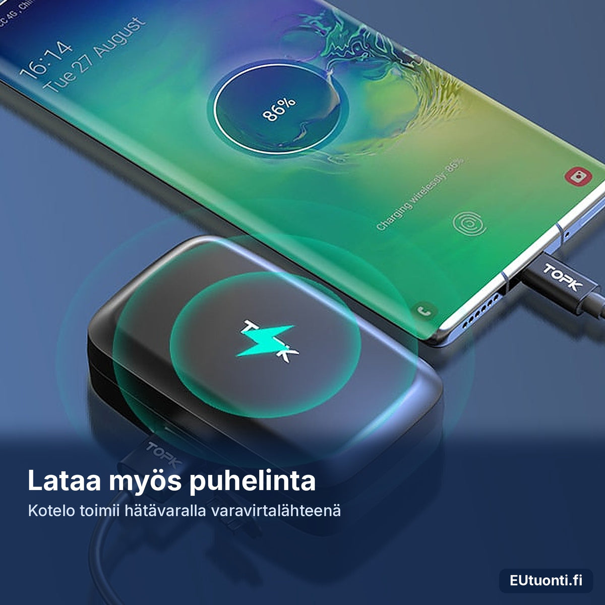 TWS-kuulokkeiden latauskotelo lataa puhelinta