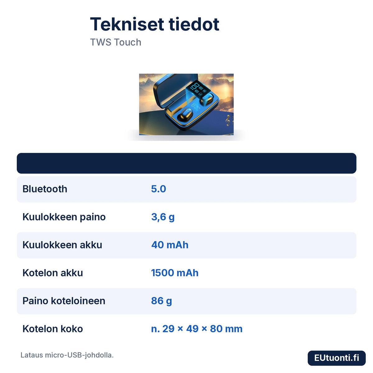 TWS Touch -kuulokkeiden tekniset tiedot
