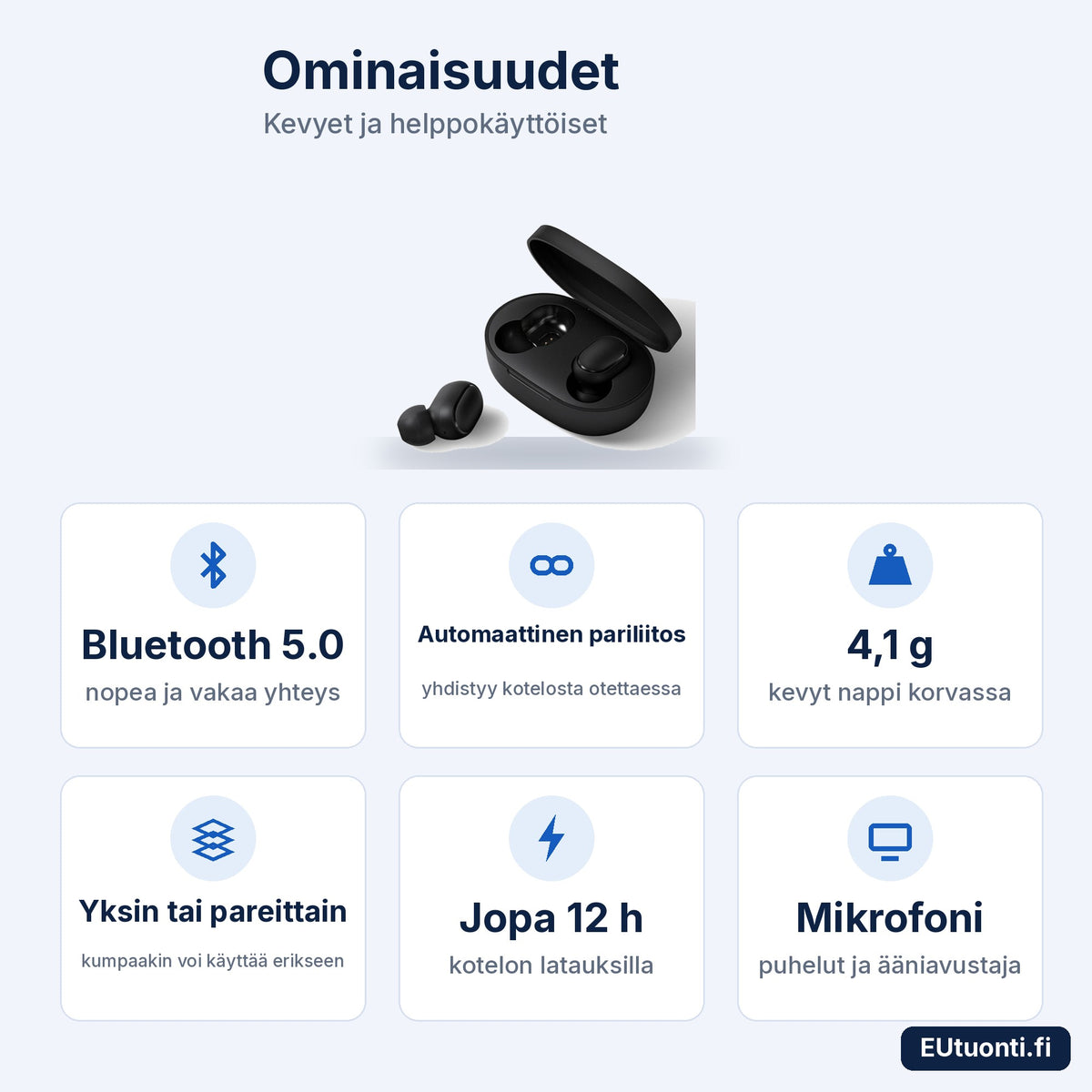 Redmi AirDots 2 ominaisuudet: Bluetooth 5.0, automaattinen pariliitos, 4,1 g, yksin tai pareittain, jopa 12 h, mikrofoni
