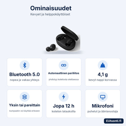 Redmi AirDots 2 ominaisuudet: Bluetooth 5.0, automaattinen pariliitos, 4,1 g, yksin tai pareittain, jopa 12 h, mikrofoni