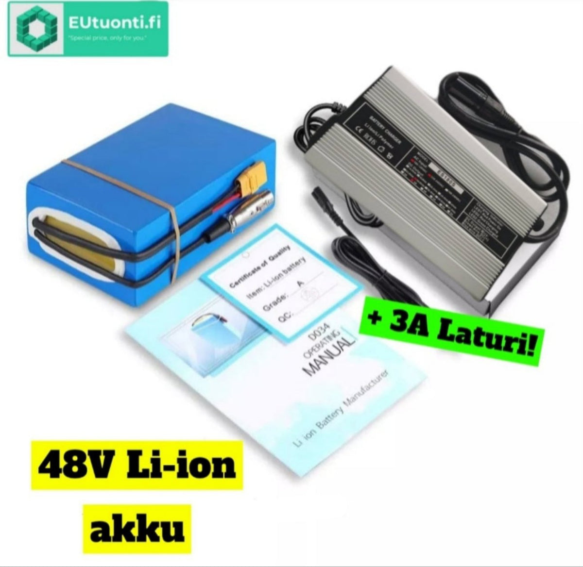 48V 20Ah Li-ion Akku (960Wh) + 3A Pikalaturi